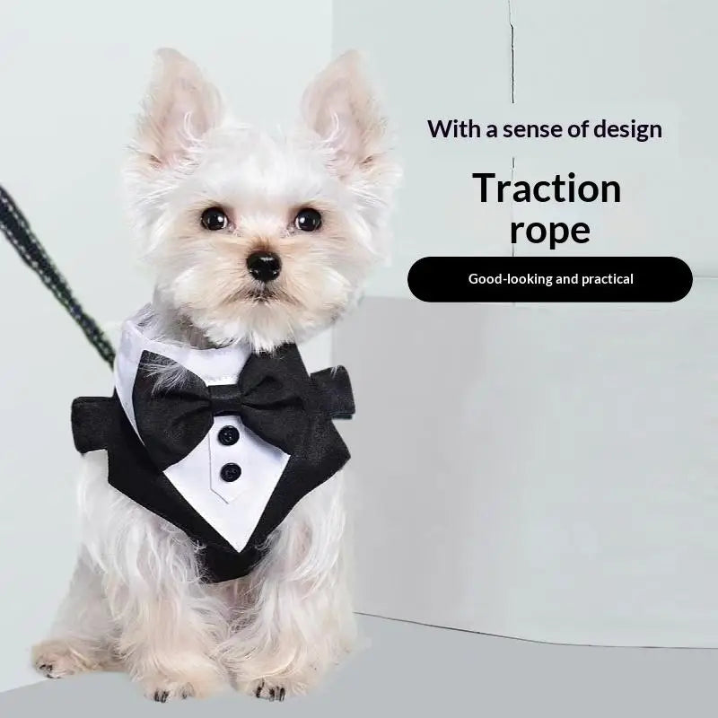 Dog Tuxedo Harness with Bow Tie – Adjustable Vest Harness for Special Occasions