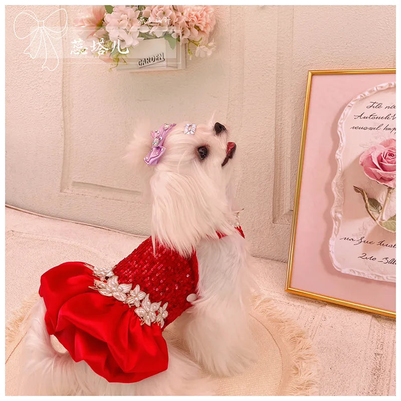 Luxury Fine Red Sequin Princess Dresses For Small Medium Dogs Chihuahua Puppy Clothing New Year Party Wedding Dress Pet Clothes