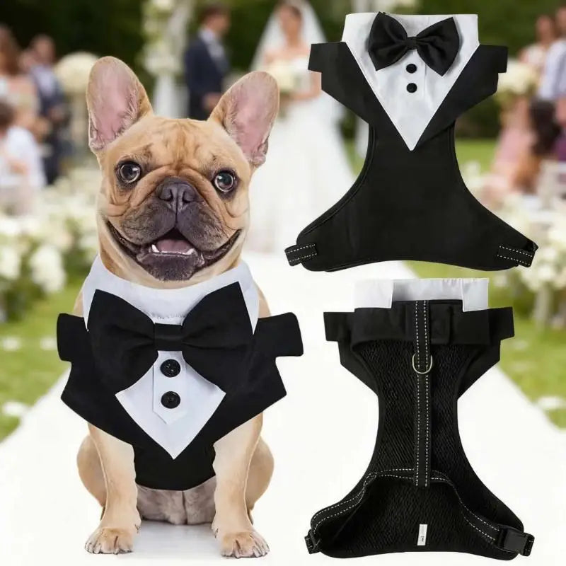 Dog Tuxedo Harness with Bow Tie – Adjustable Vest Harness for Special Occasions