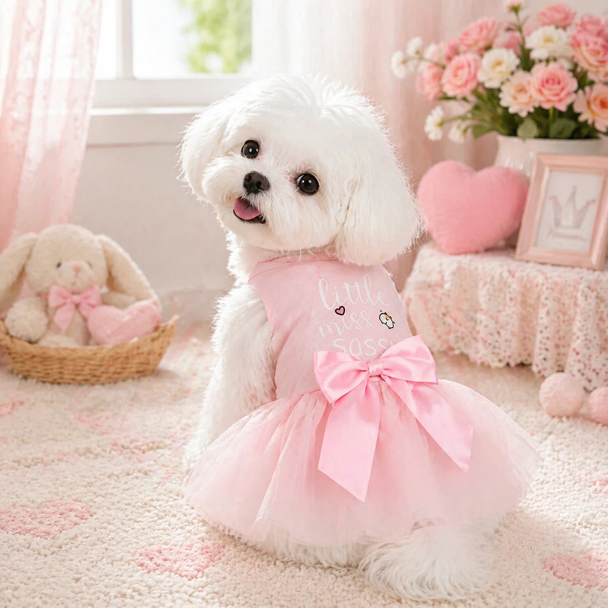 Pet Dog Pink Tulle Dress, "little Miss Sassy" Print + Big Bow Style Pet Dog Vest Skirt, Suitable for Small/medium-sized Dog Cat