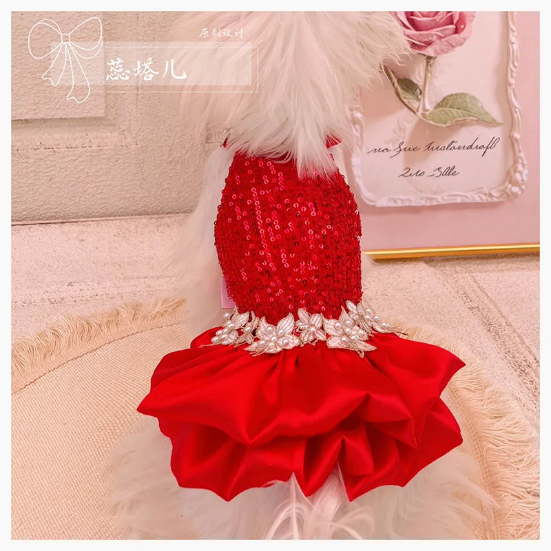 Luxury Fine Red Sequin Princess Dresses For Small Medium Dogs Chihuahua Puppy Clothing New Year Party Wedding Dress Pet Clothes