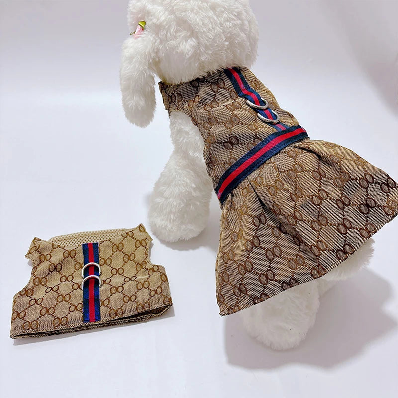 Designer Pet Couple Outfit – Luxury Dress for Girl Dogs & Vest Harness with Leash for Boy Dogs