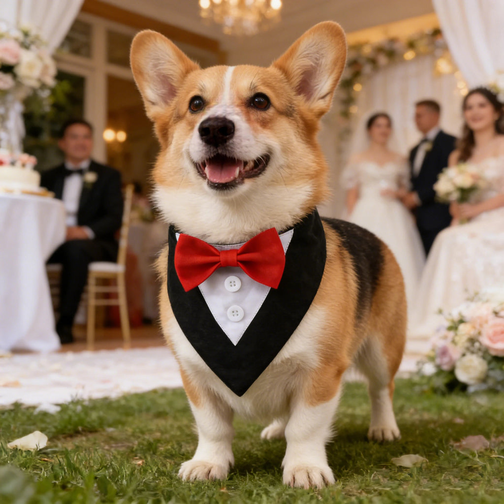 Elegant Tuxedo Bandana Scarf with Bowtie for Dogs & Cats – Formal Wedding & Party Accessory