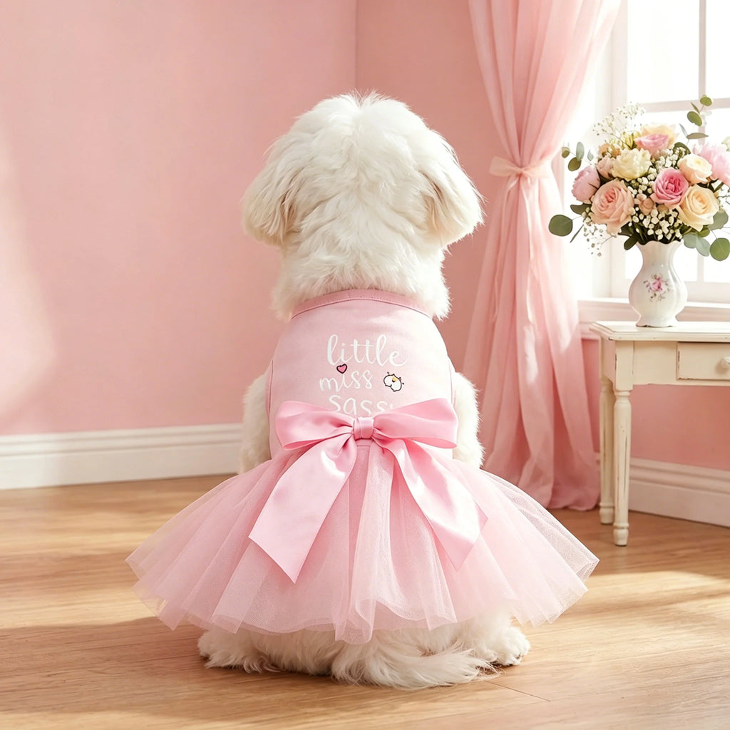 Pet Dog Pink Tulle Dress, "little Miss Sassy" Print + Big Bow Style Pet Dog Vest Skirt, Suitable for Small/medium-sized Dog Cat