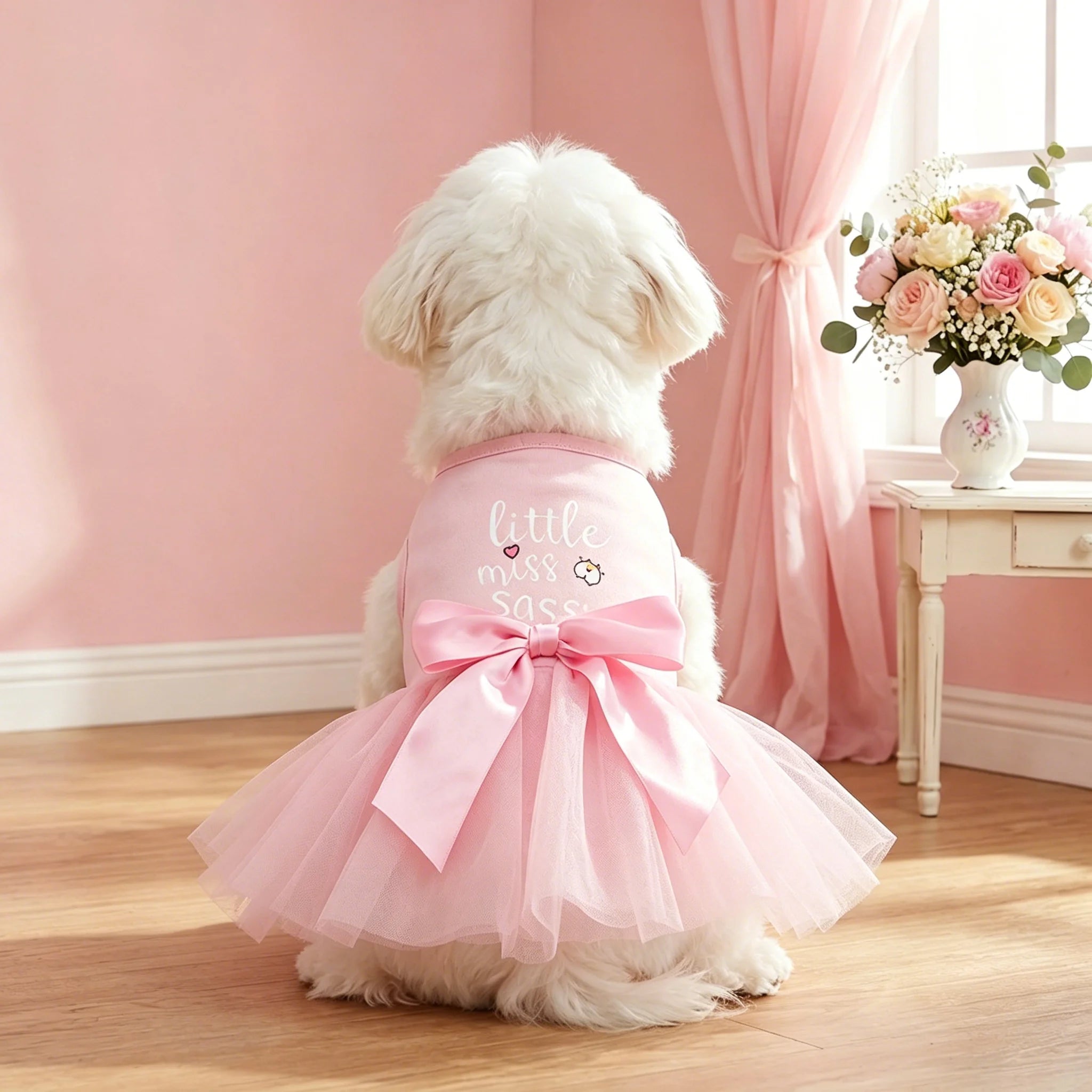 Pet Dog Pink Tulle Dress, "little Miss Sassy" Print + Big Bow Style Pet Dog Vest Skirt, Suitable for Small/medium-sized Dog Cat