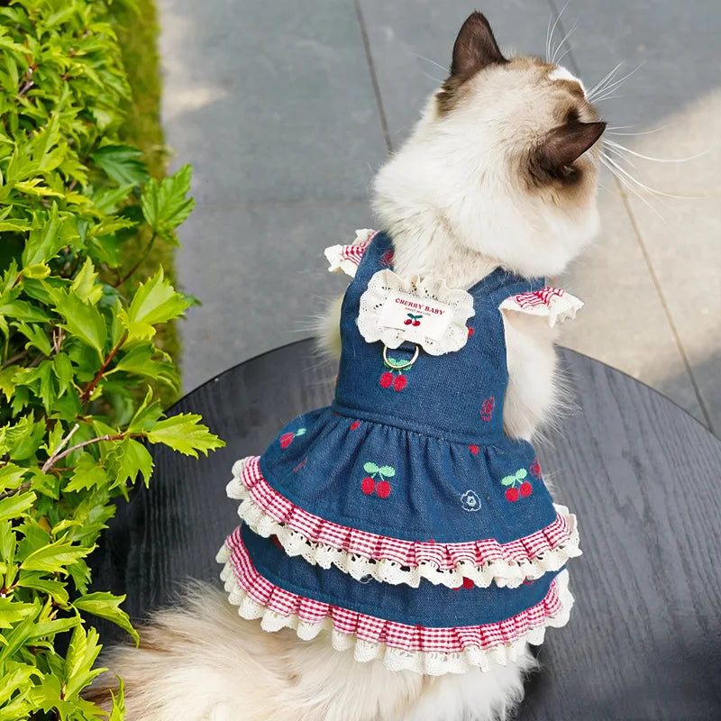 Spring Summer Cherry Denim Pet Dress, Cute Ruffled Skirt for Small Dogs Cats, Teddy Pomeranian Bichon Princess Outfit