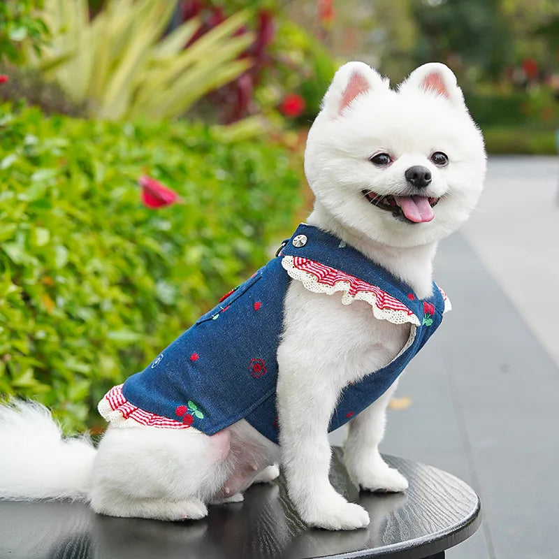 Spring Summer Cherry Denim Pet Dress, Cute Ruffled Skirt for Small Dogs Cats, Teddy Pomeranian Bichon Princess Outfit