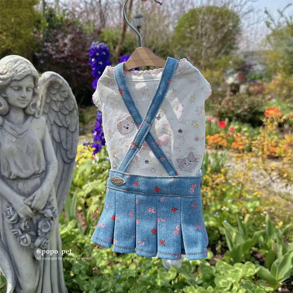 Fashion Floral Print Dress Puppy Dog Clothing Classic Cowboy Suspender Skirts for Small Medium Dog Pet Clothes Casual Overalls