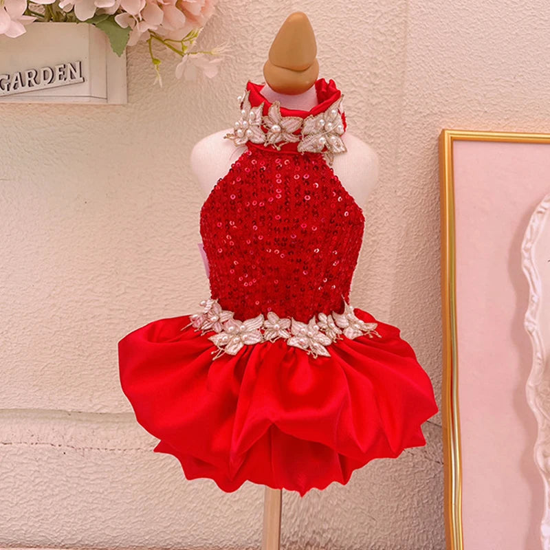 Luxury Fine Red Sequin Princess Dresses For Small Medium Dogs Chihuahua Puppy Clothing New Year Party Wedding Dress Pet Clothes
